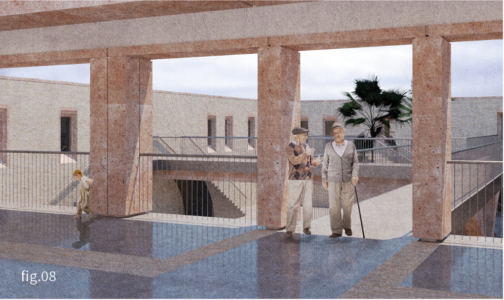 Elevated courtyard circulation framed by stone columns and views across the building’s open interior.