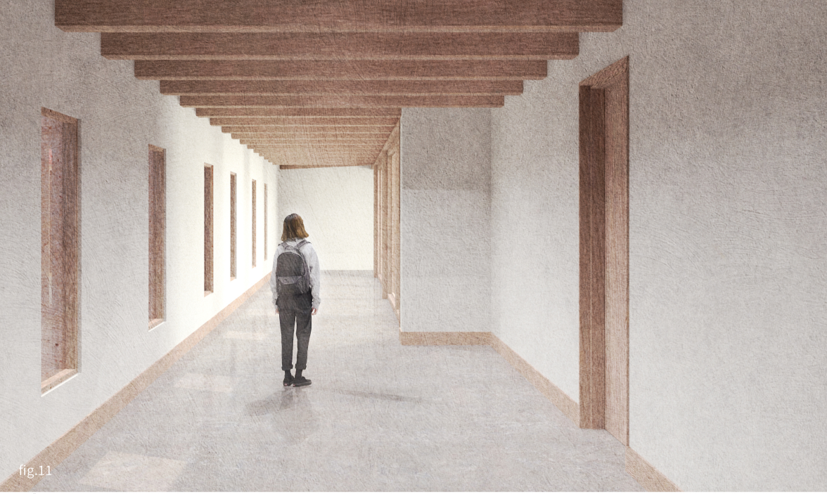 Minimal learning corridor defined by timber beams, narrow openings, and soft natural daylight.