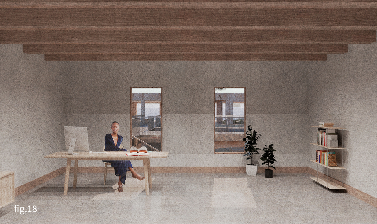 Flexible teaching space combining warm timber, simple furnishings, and views toward the surrounding courtyard.