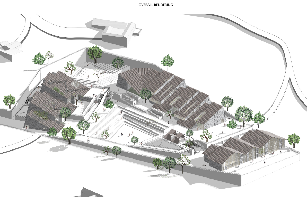 Overall view of Small Houses Together, uniting clustered pitched-roof buildings around shared public and performance spaces.