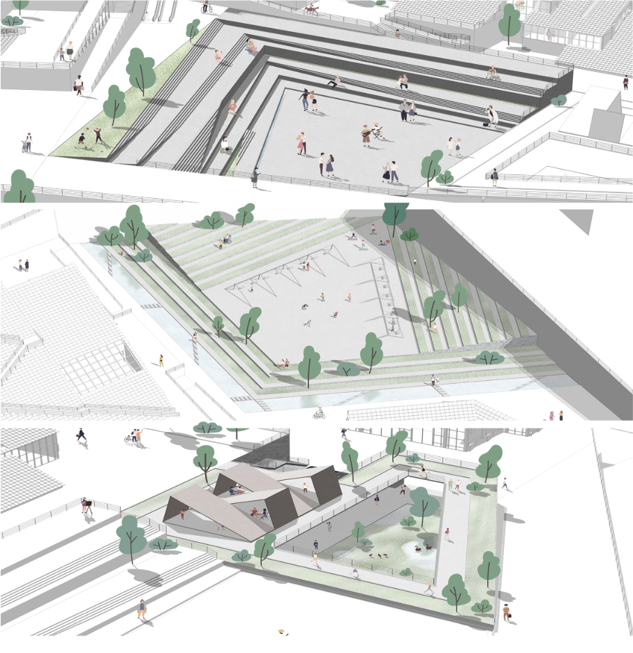 Stepped outdoor gathering areas create flexible spaces for performances, recreation, and informal community interaction.