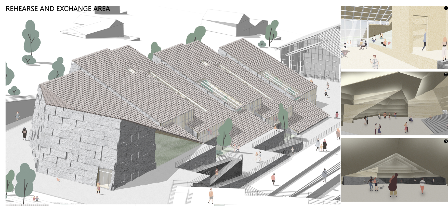 The rehearsal and exchange area combines traditional roof forms with open interiors designed for music, creativity, and collaboration.