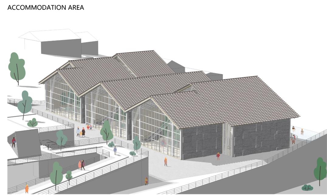 The accommodation zone uses repeated pitched-roof volumes and transparent facades to create bright, welcoming living spaces.