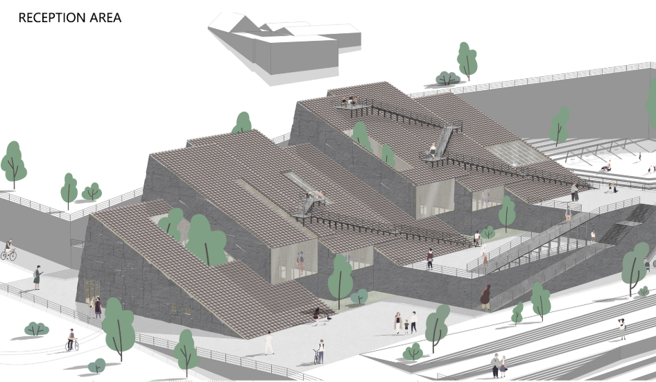 The reception area integrates volcanic stone, planted courtyards, terraces, and accessible roof platforms into a layered arrival experience.