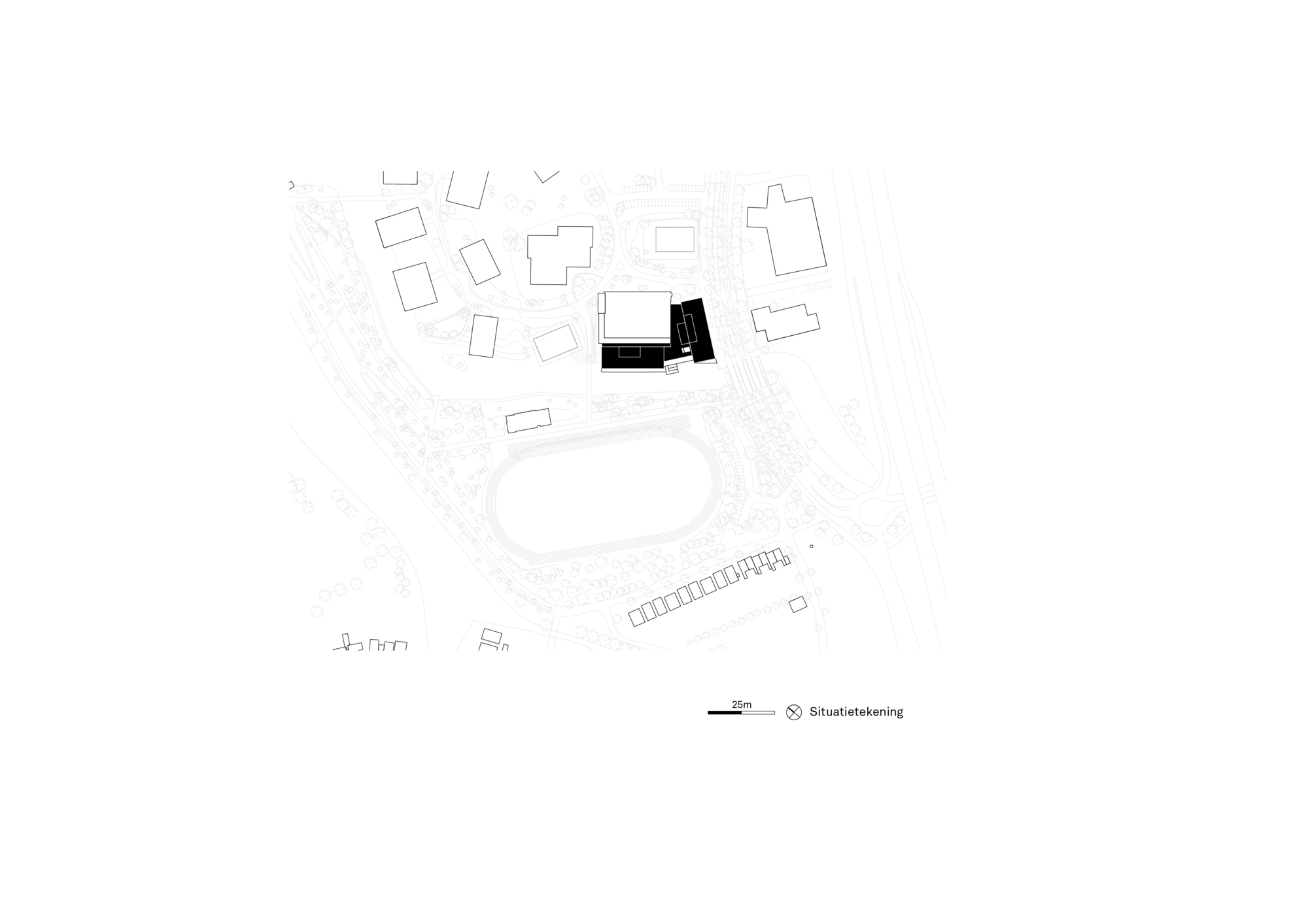 Site plan drawing showing two dark volumes amid scattered neighboring structures and landscape elements