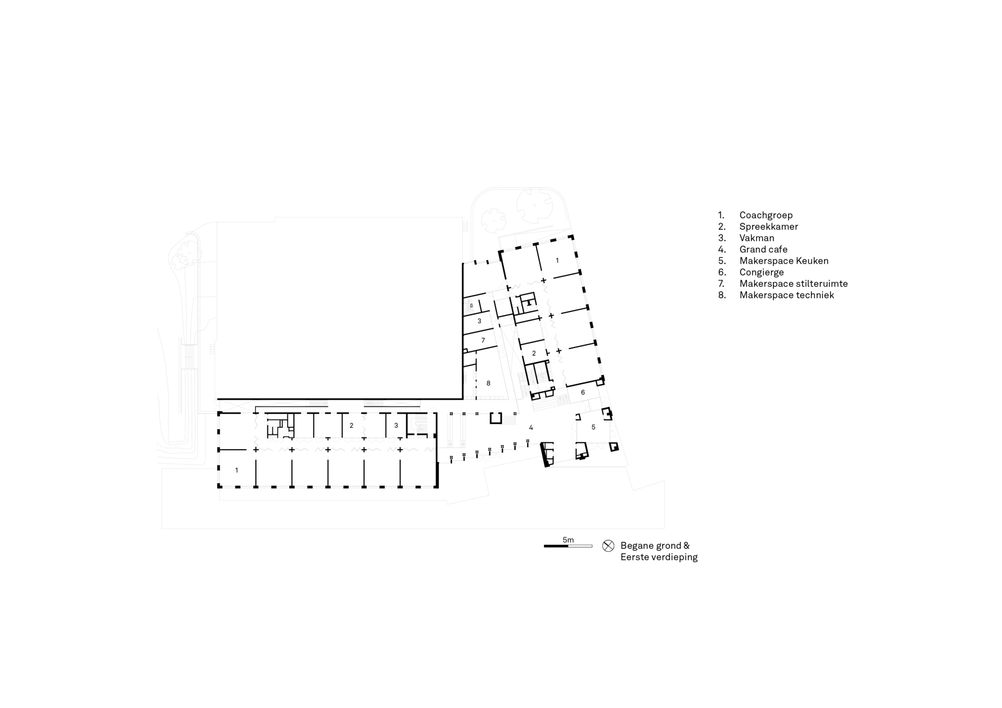 Ground floor plan drawing showing an L-shaped layout with classrooms along one wing and specialized spaces in the angled wing