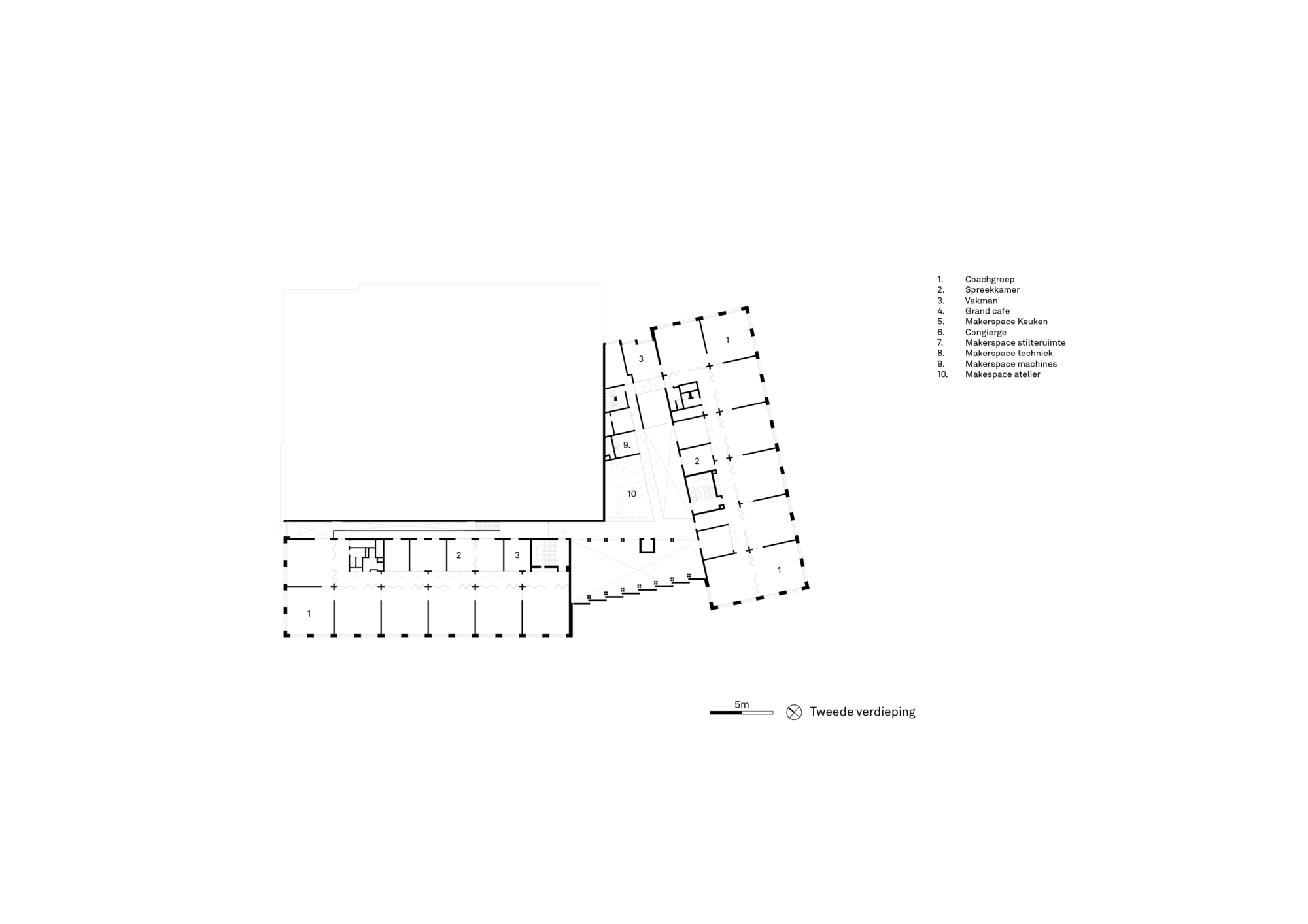 Second floor plan drawing showing the L-shaped configuration with classrooms arranged along linear corridors