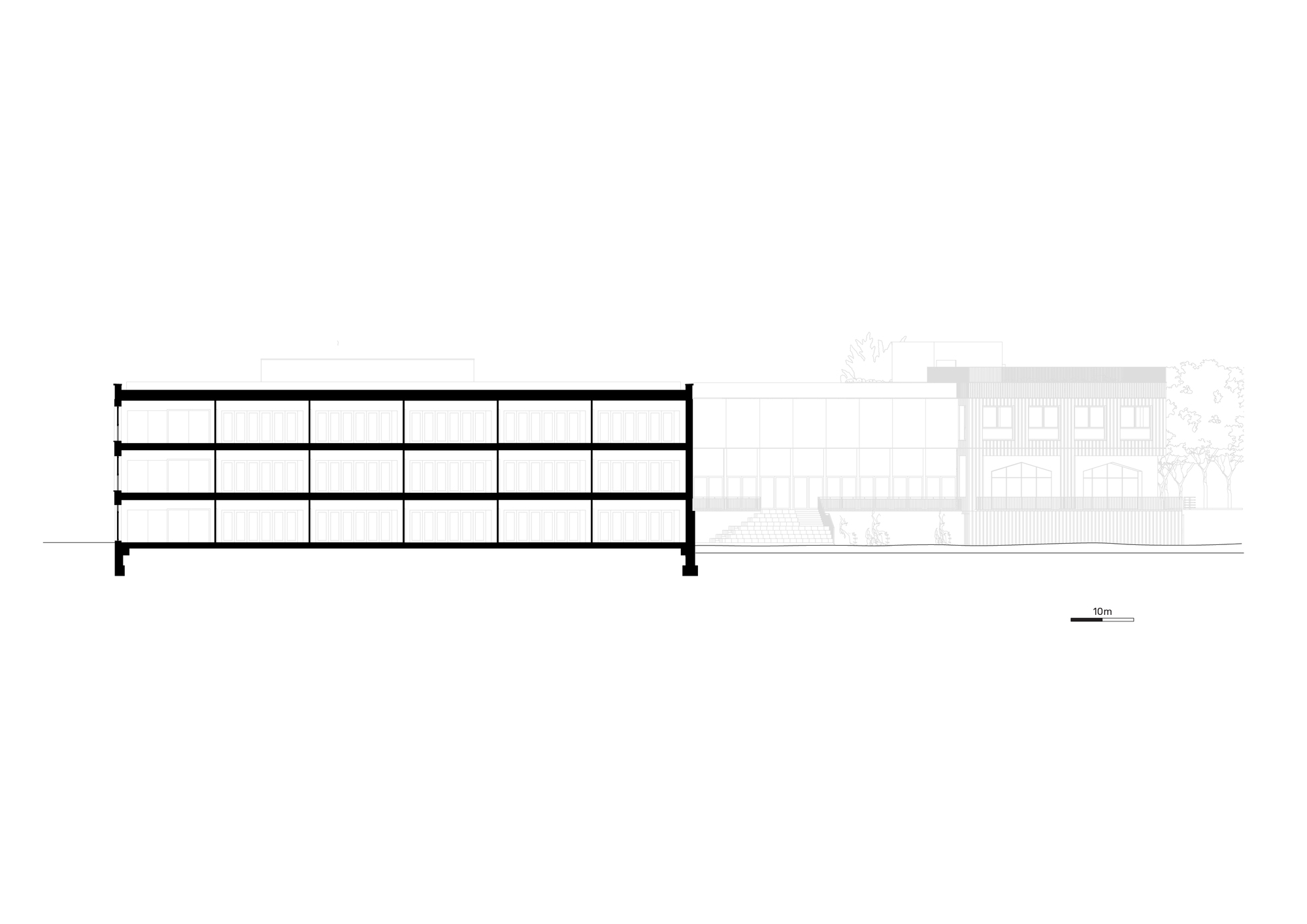 Longitudinal section drawing showing four levels of the main building wing alongside a lower adjacent structure with trees