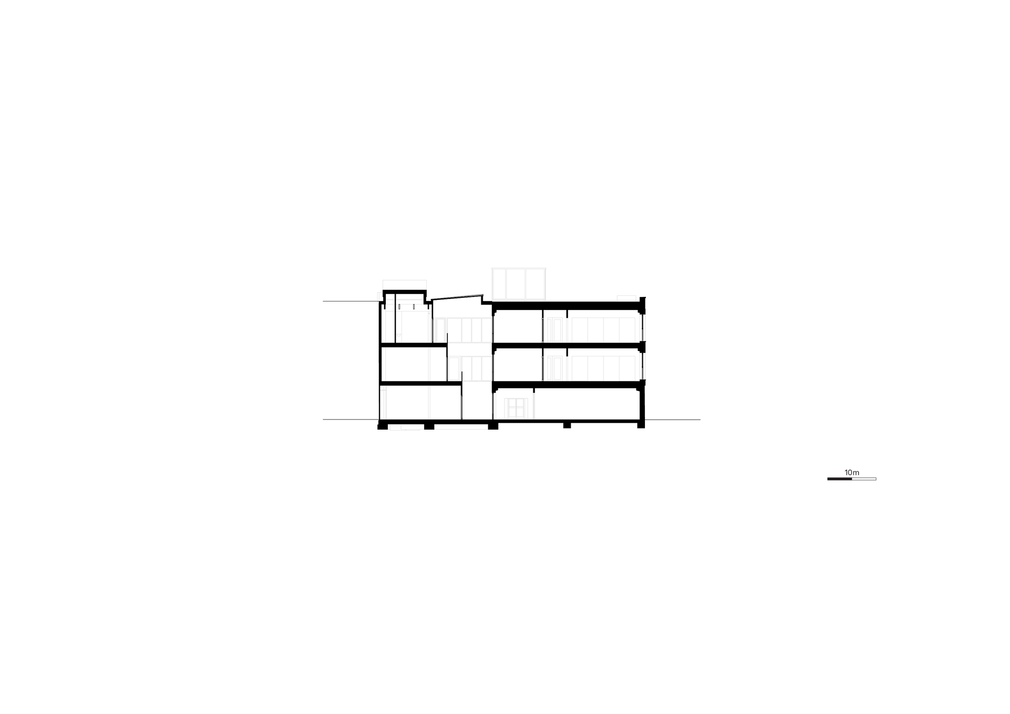 Transverse section drawing through the angled wing revealing floor plates and circulation cores at the junction