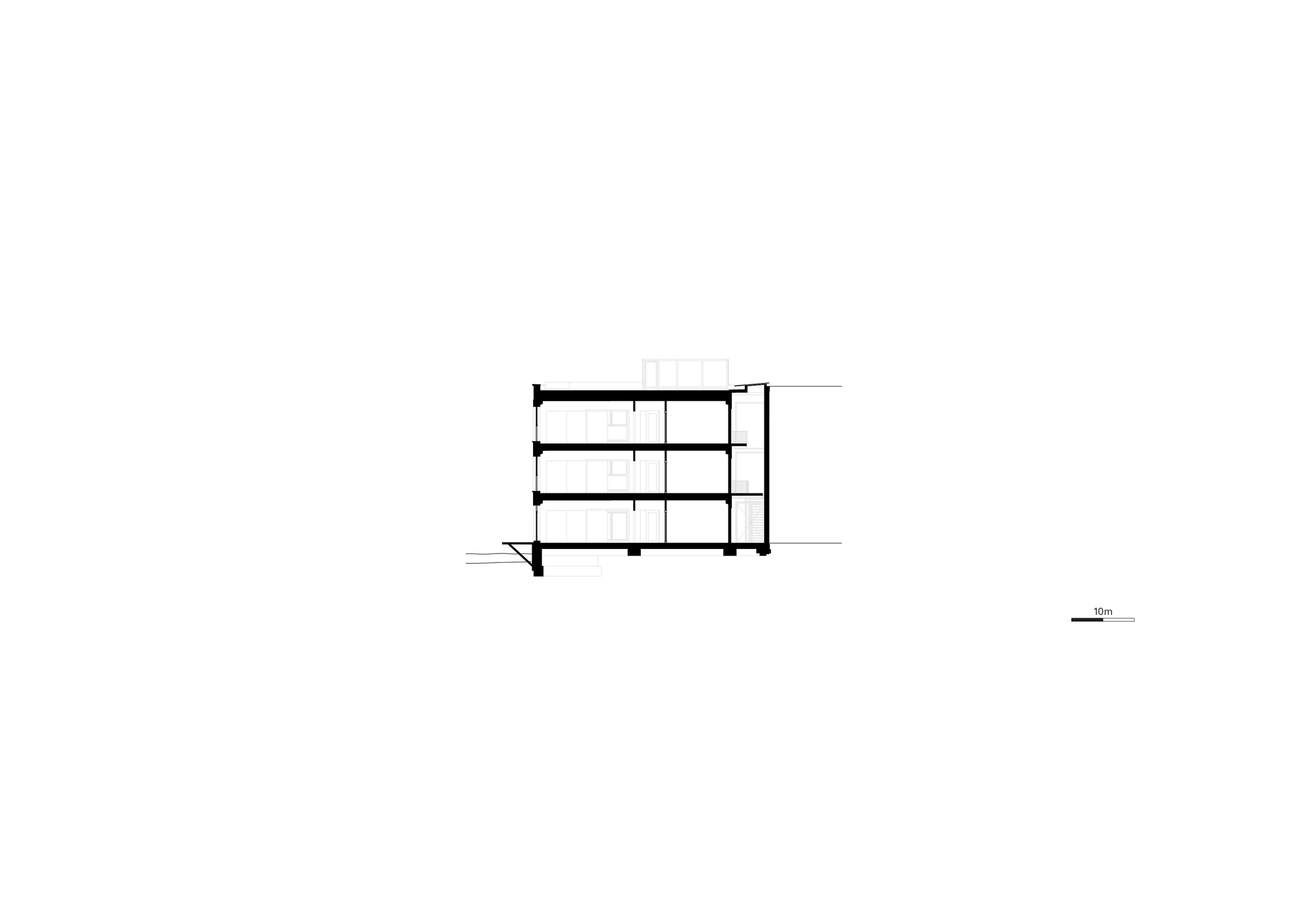 Transverse section drawing showing four levels with slabs cantilever beyond the structural core