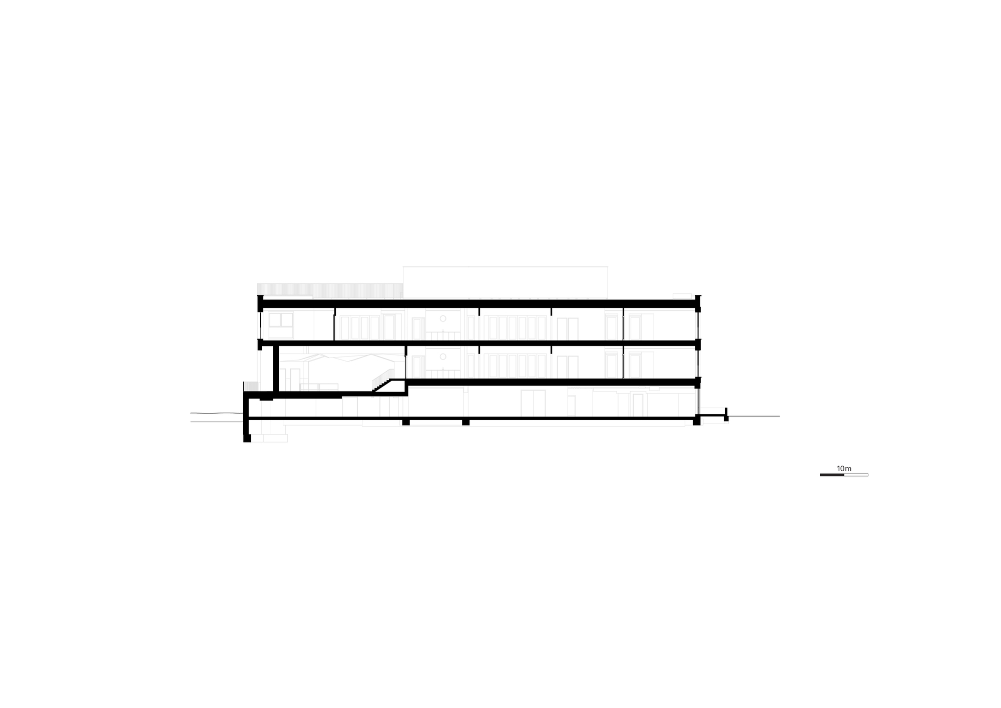 Longitudinal section drawing through the linear wing displaying three continuous floor levels and ground-level entrance