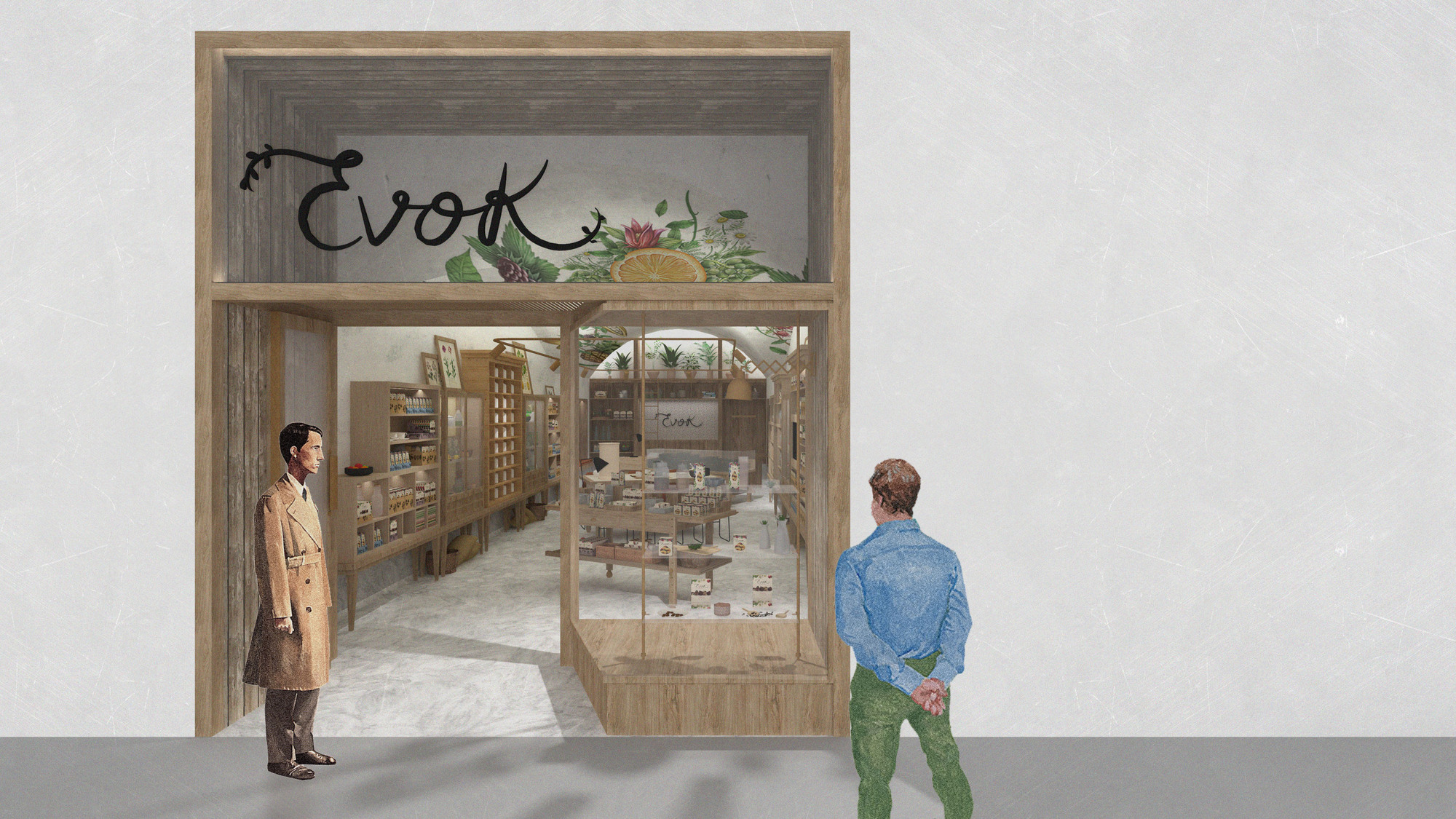 Rendered elevation of a timber-framed shopfront with hand-lettered sign and glazed display, with two figures standing outside