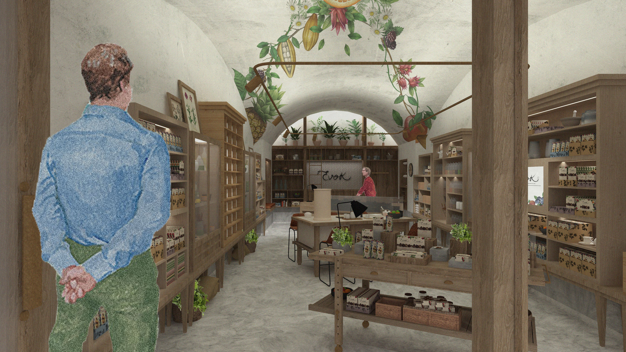 Rendered interior view down the vaulted shop with painted ceiling garlands, wooden shelving and a man in a blue shirt looking in