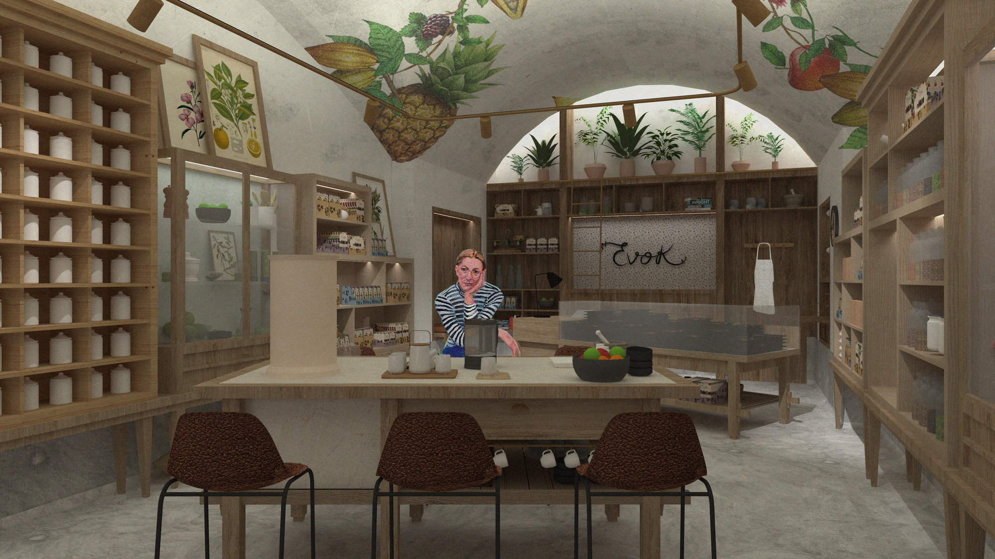 Rendered shop interior with a vaulted ceiling, botanical murals, jar-filled shelves and a central tasting table with leather stools, a seated figure behind