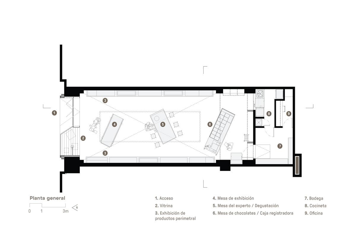 Floor plan drawing of a long narrow shop showing entrance, perimeter displays, three central tables, a small kitchen, storage room and office