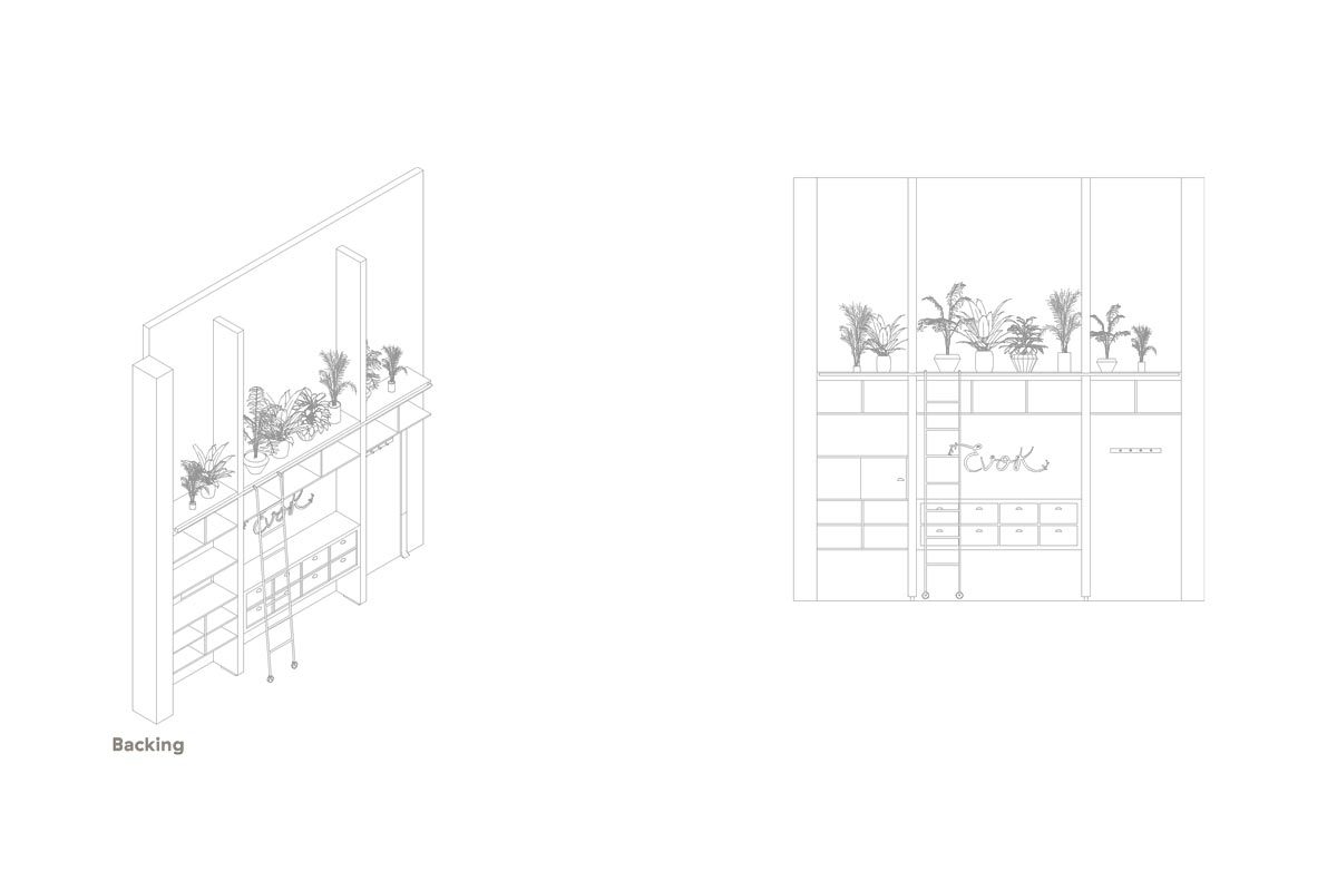 Axonometric and elevation drawings of the back wall shelving with a rolling ladder, drawers, a script sign and a row of potted plants