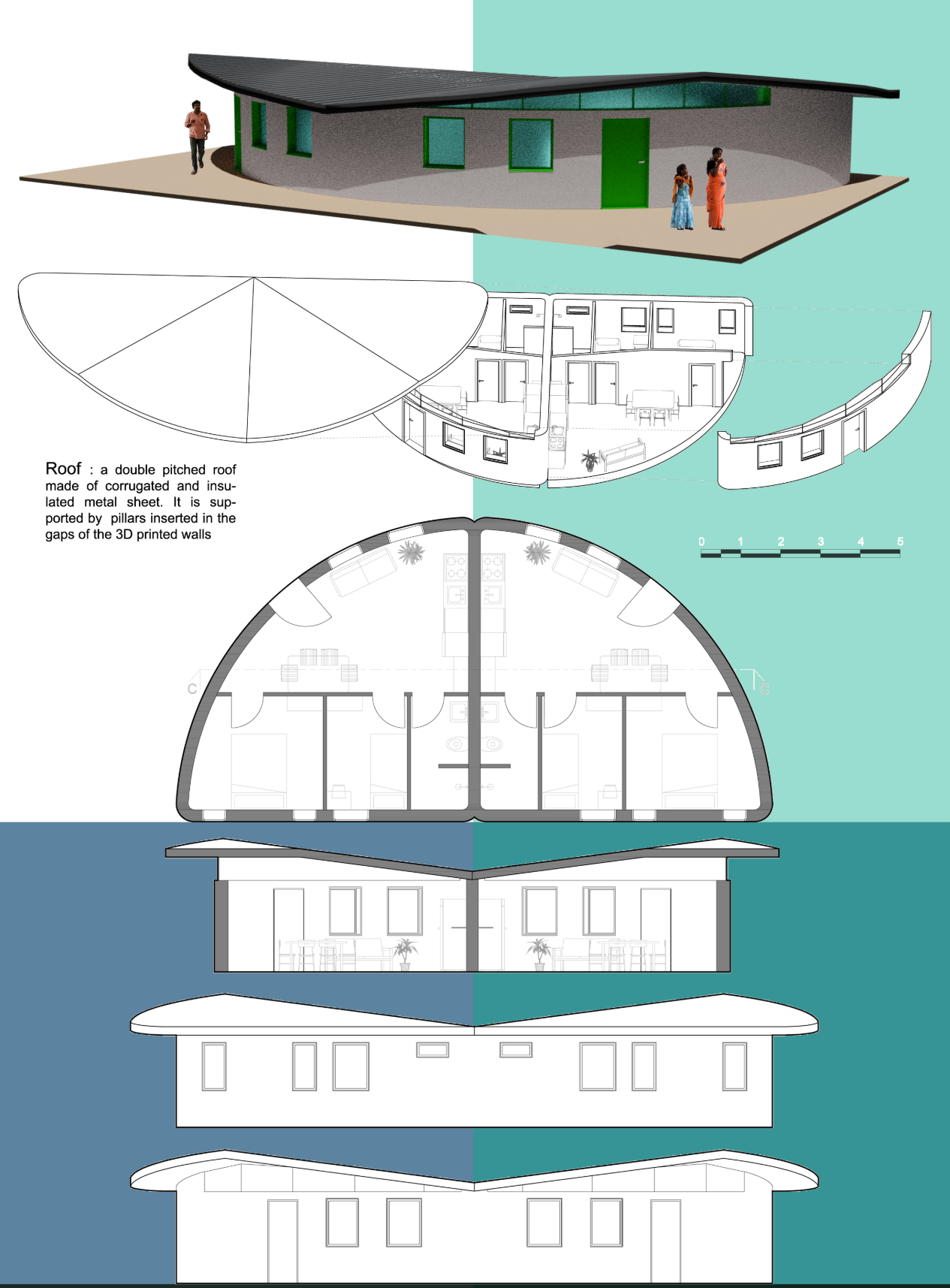 The unit plan combines curved 3D printed walls with simple, functional living spaces.