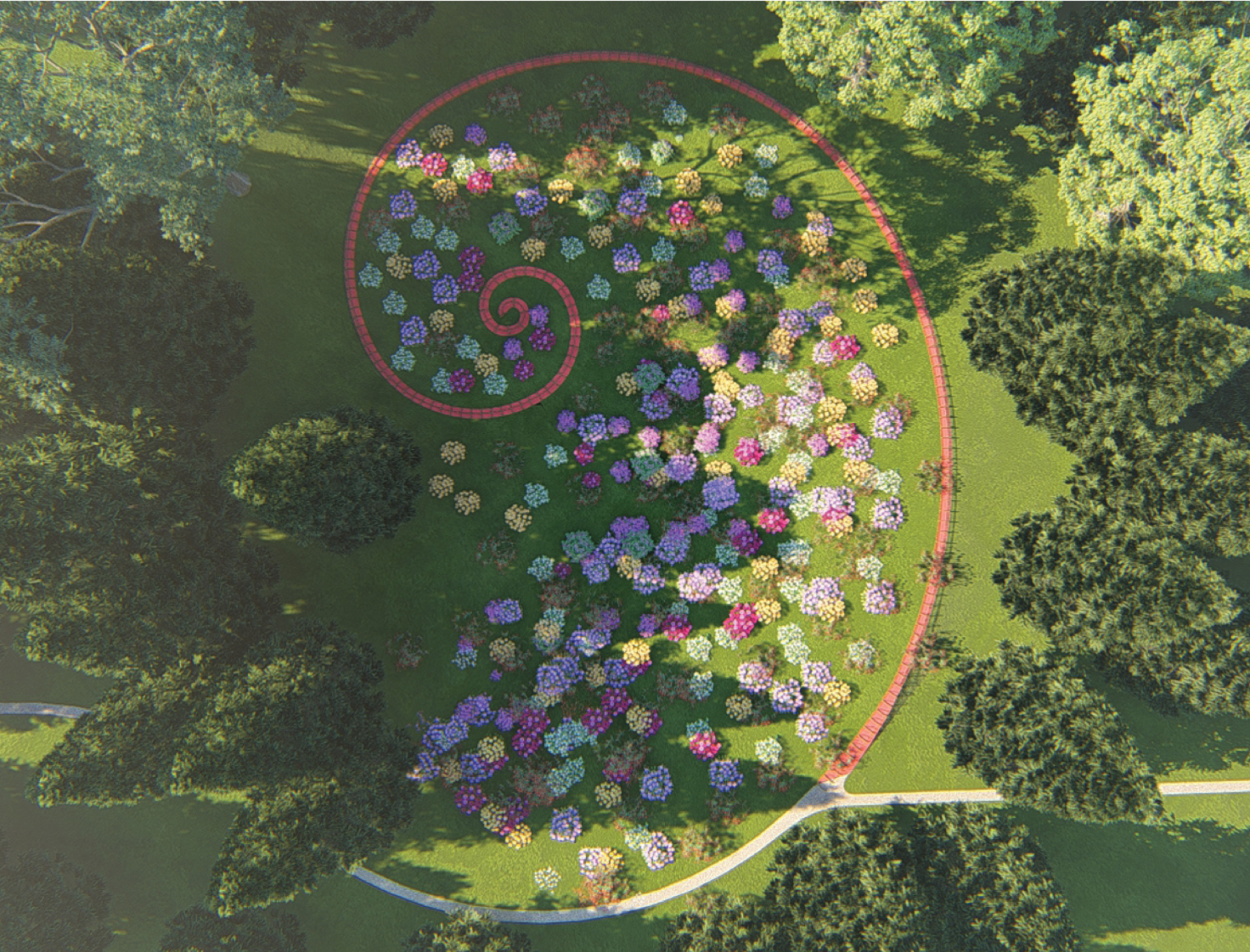 Golden spiral flower garden shaping Little Red’s deceptive path through the forest.