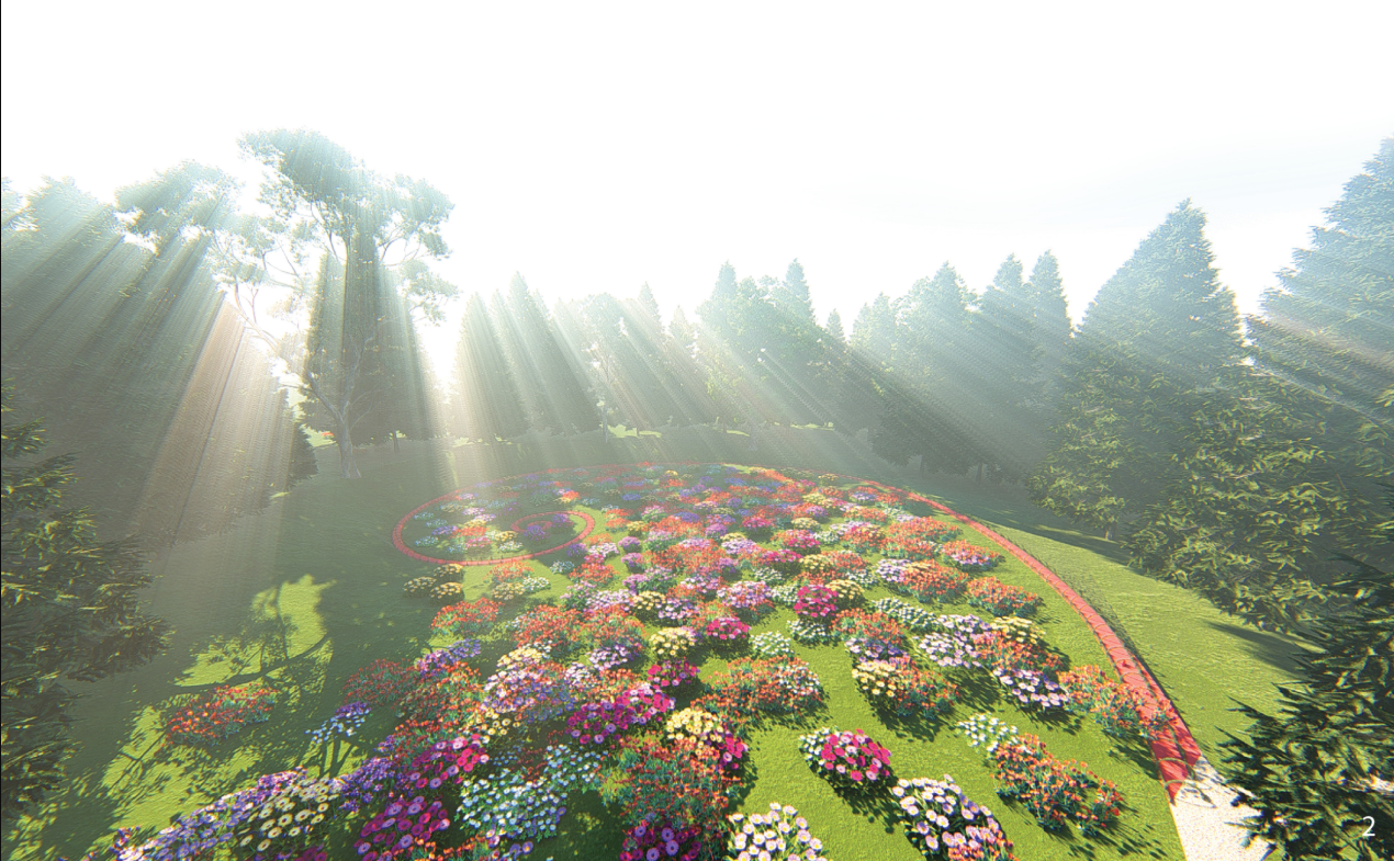 Sunlit flower landscape transforms temptation into an immersive spatial experience.