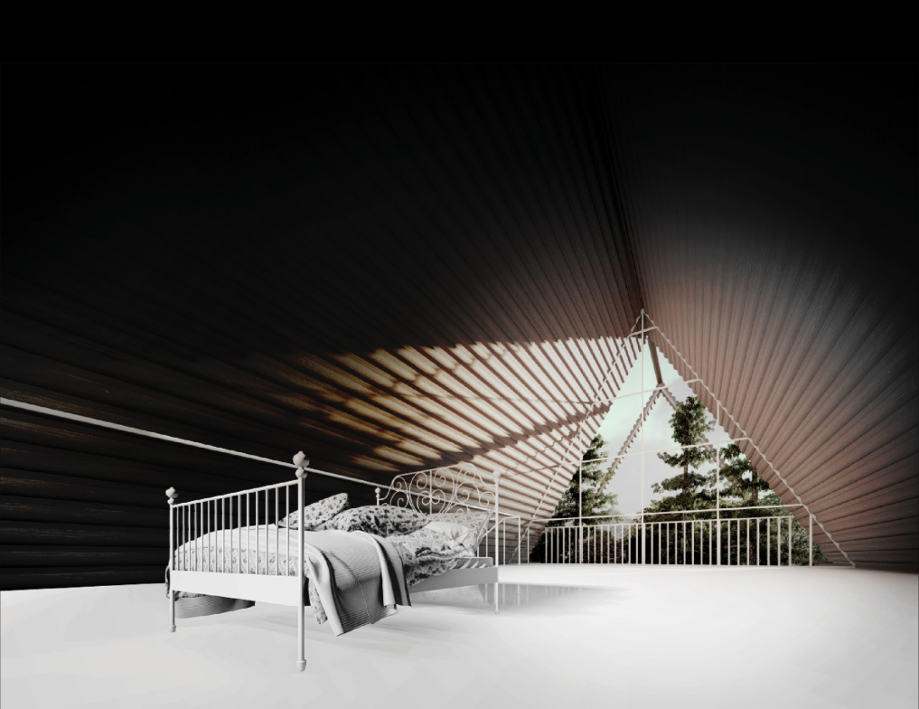 Bedroom interior uses scale and focused light to heighten tension and uncertainty.