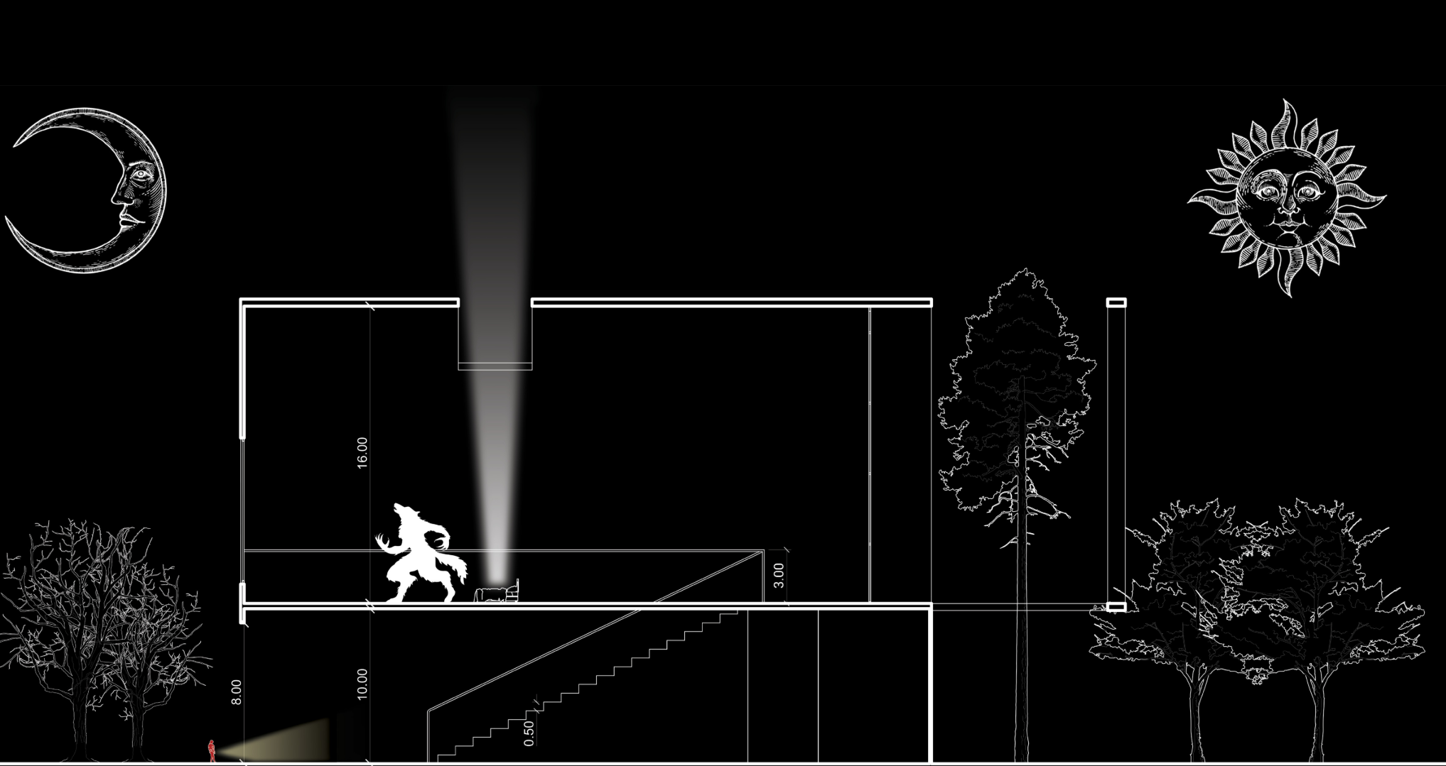 Section drawing reveals the dramatic vertical proportions of the house and its symbolic lighting.