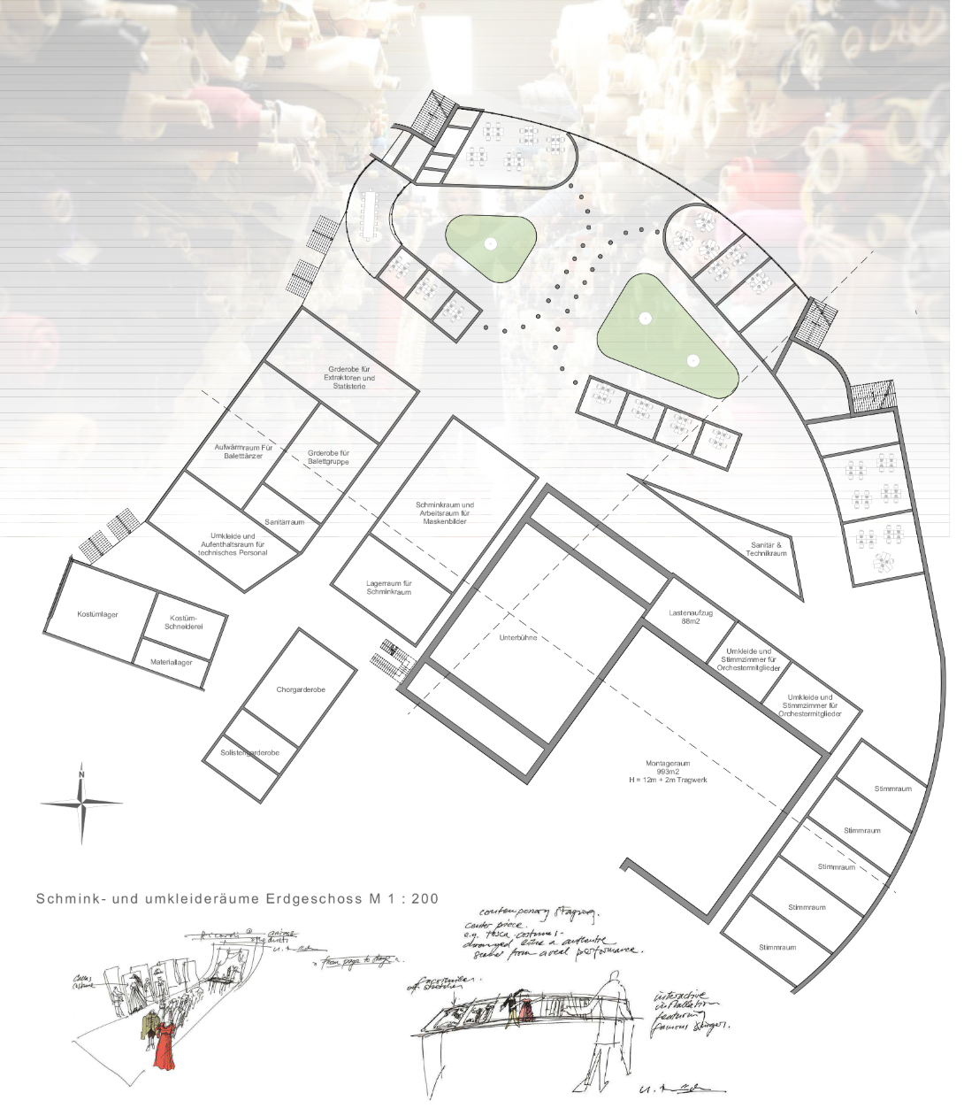 Backstage planning integrates dressing rooms, workshops, technical areas, and performance support spaces around the opera stage..