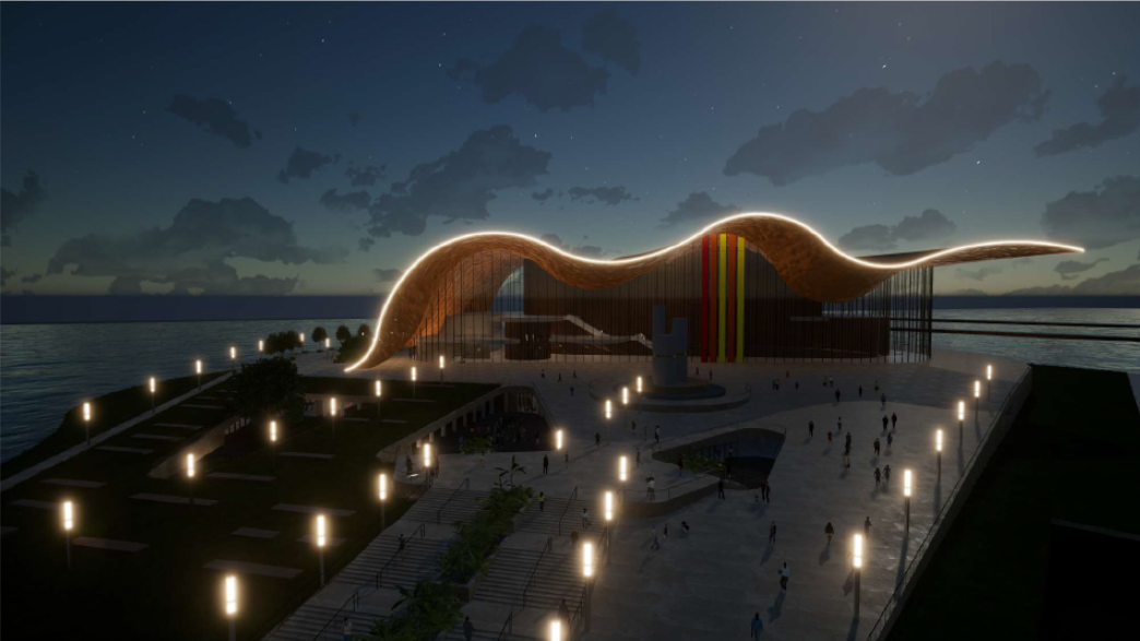 The wave-shaped opera house glows across Tallinn’s waterfront, creating a dramatic cultural landmark at night.