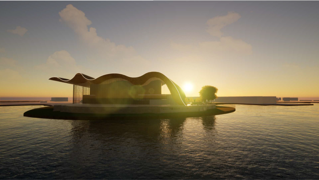 A sunset view emphasizes the flowing roof form and the opera house’s direct relationship with the surrounding sea.