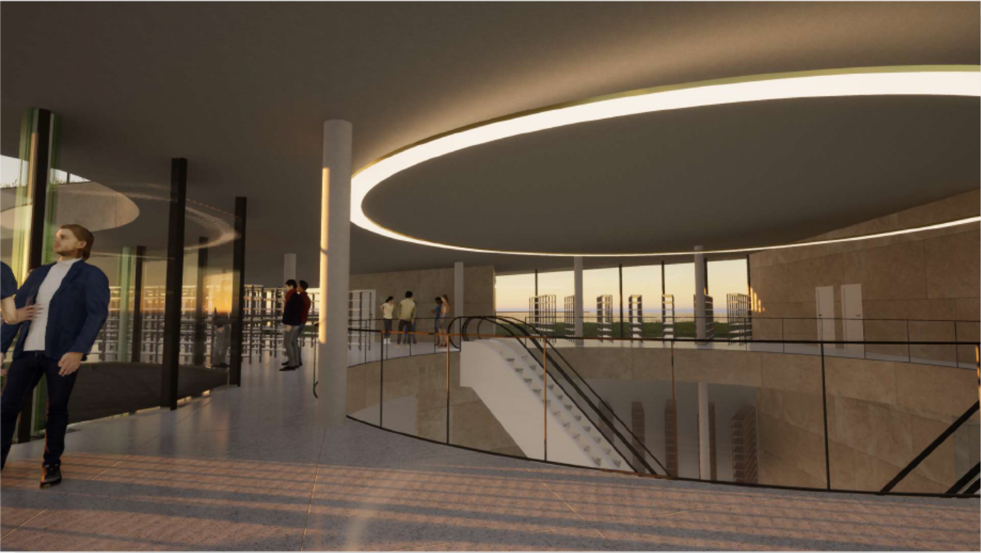 The library interior uses curved lighting, open circulation, and waterfront views to create a calm public reading environment.