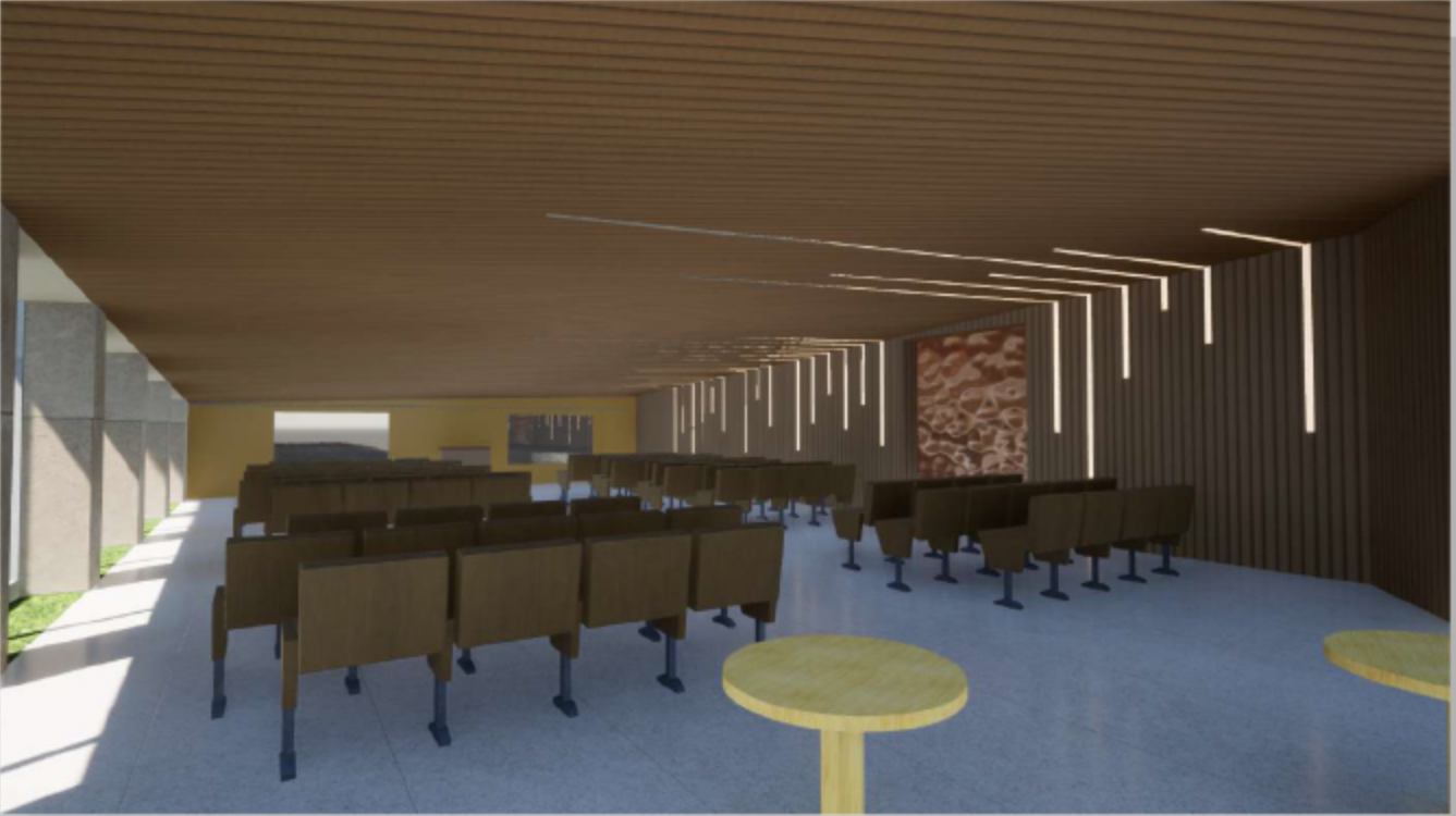 A flexible lecture space combines warm materials, linear lighting, and seating for cultural talks and presentations.