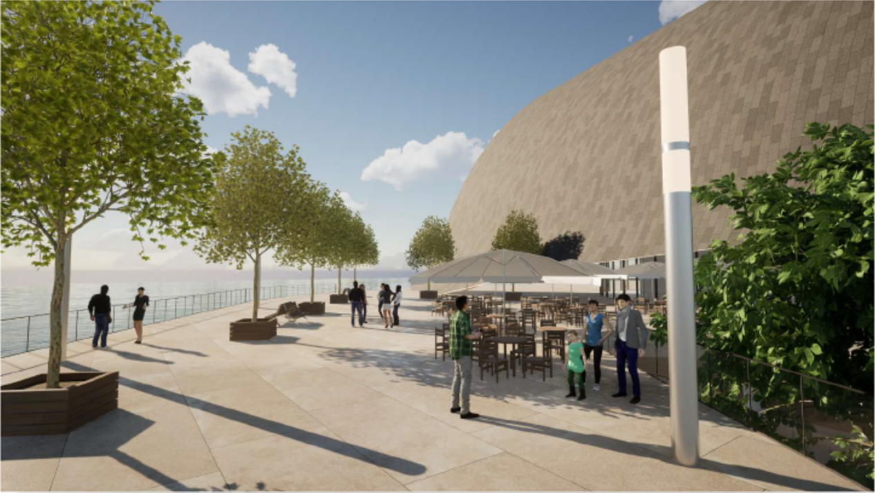 The waterfront terrace extends public life outdoors with dining, greenery, pedestrian space, and uninterrupted views toward the sea.