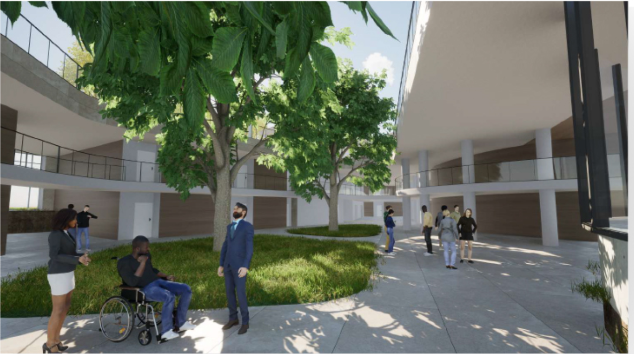 Landscaped residential courtyards introduce greenery, shade, accessibility, and informal gathering spaces within the cultural complex.