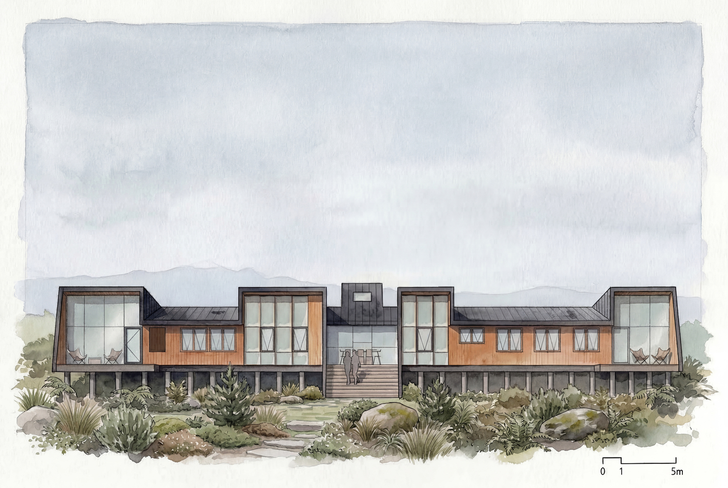 Watercolor rendering of the elevated residence with timber and glazed volumes on pilotis among desert plantings