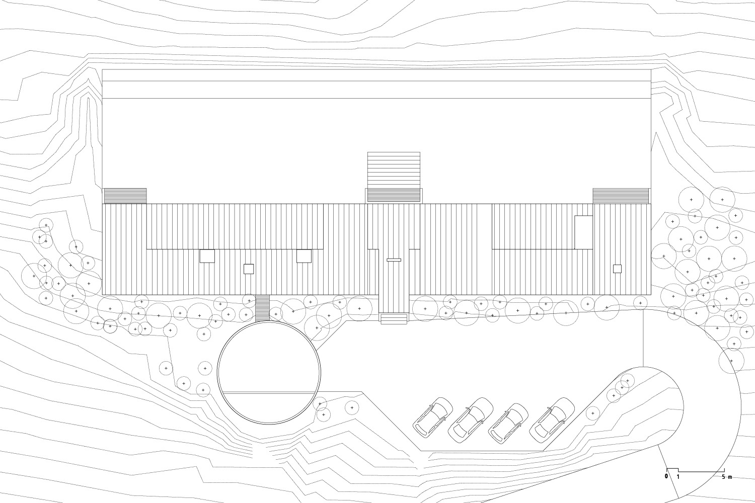 Roof plan drawing depicting the vertical-seamed metal roof with central skylight and curved site access