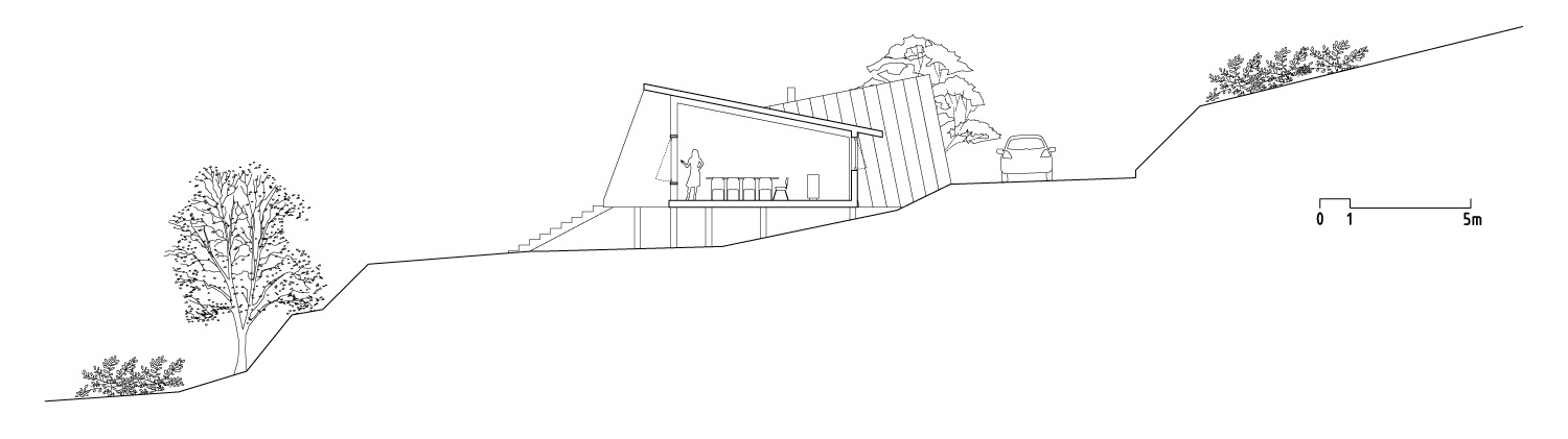 Section drawing through the structure nestled into the sloping terrain with trees below and above