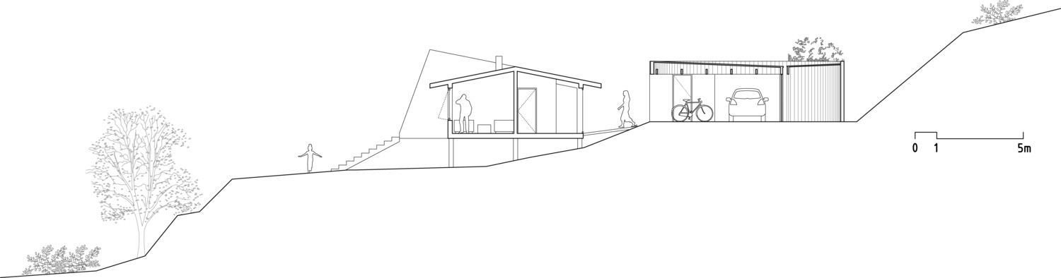 Section drawing revealing the pavilion and garage volumes set on the hillside grade with vegetation
