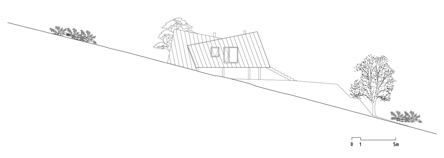 Section drawing showing a structure embedded in a sloping hillside with trees at each end