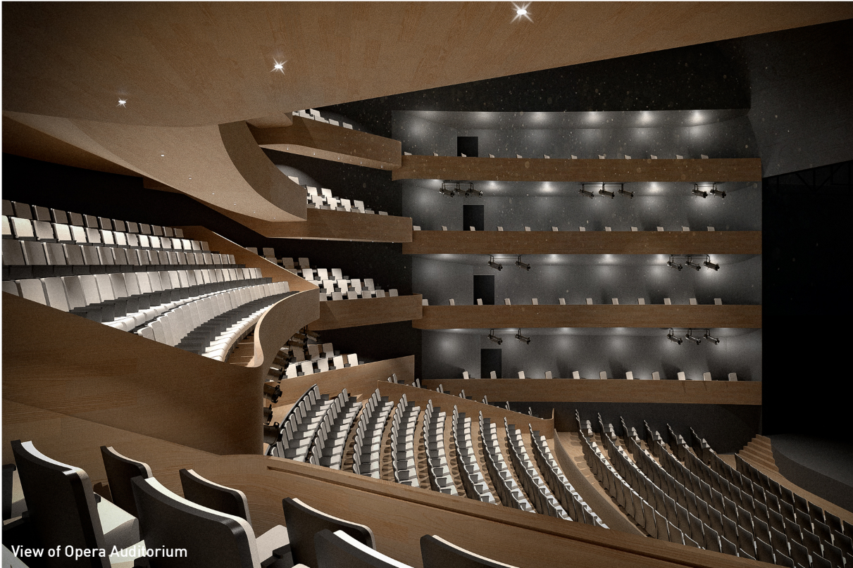 The opera auditorium combines sweeping balconies with an intimate performance setting.