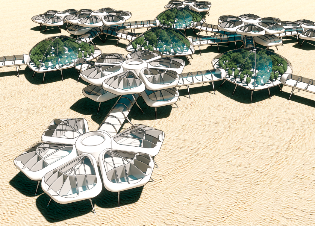 Aerial view of clustered organic modules with translucent domes and connecting bridges in sandy terrain