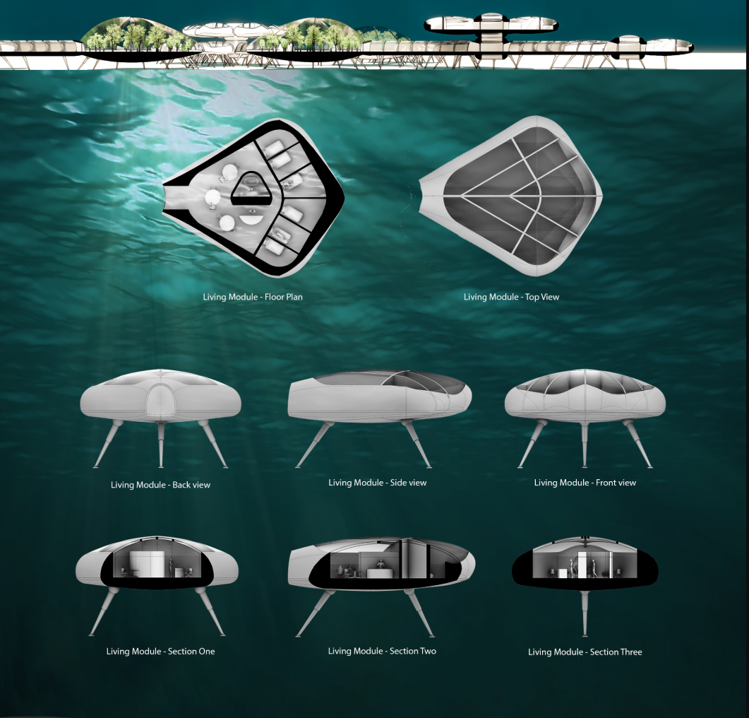Technical drawing showing floor plans, elevations and sections of a floating petal-shaped residential module
