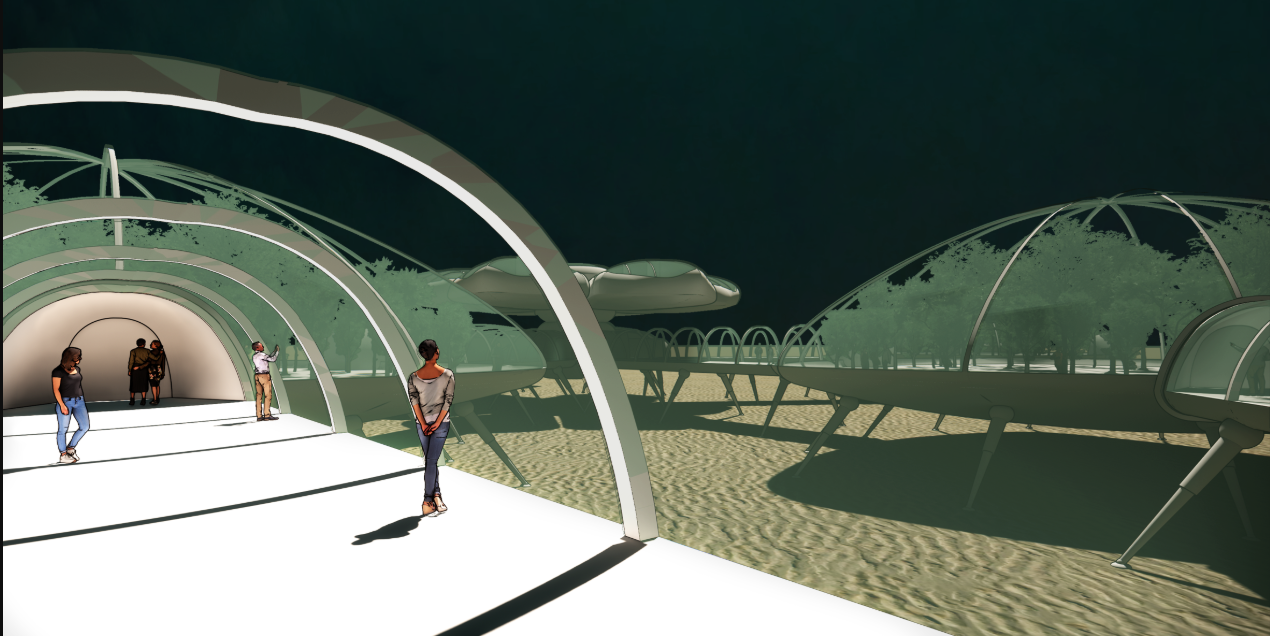Interior rendering of a curved translucent corridor with figures walking through pooled sunlight and shadow
