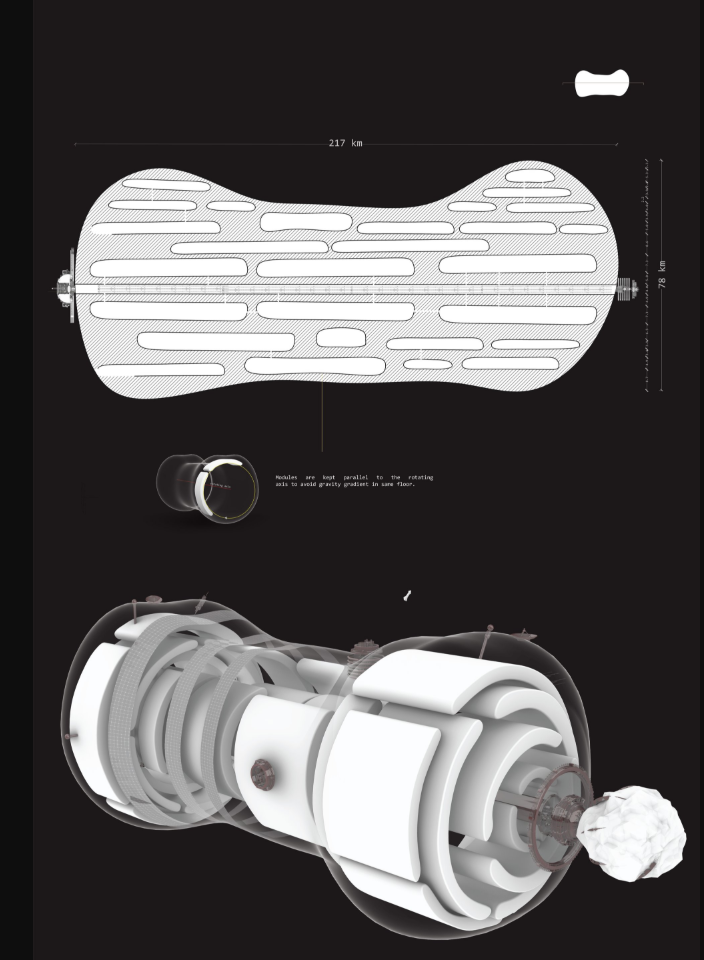 Technical plans reveal the asteroid’s internal modules, core structure, and large-scale habitat organization.