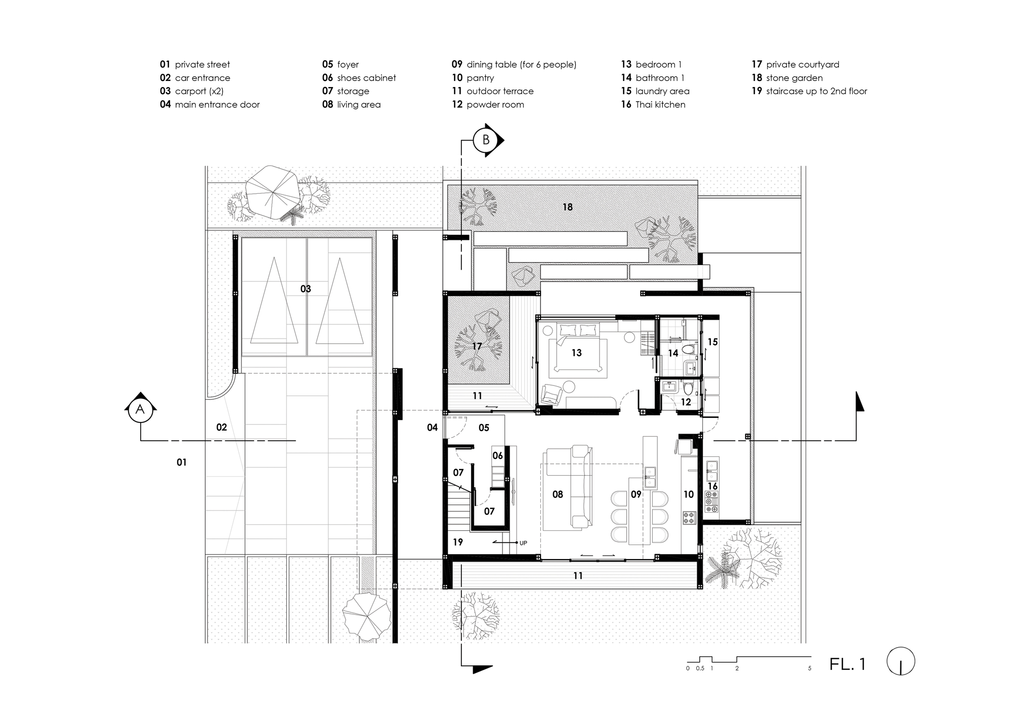Ground floor plan drawing showing living areas, bedrooms, courtyards and surrounding garden spaces