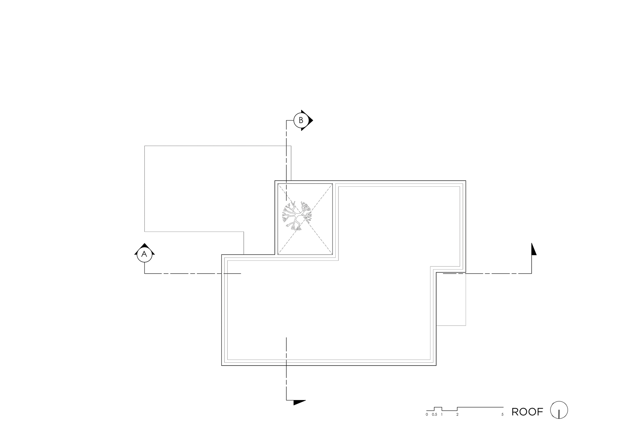 Roof plan drawing showing overlapping rectangular volumes with central courtyard and tree symbol