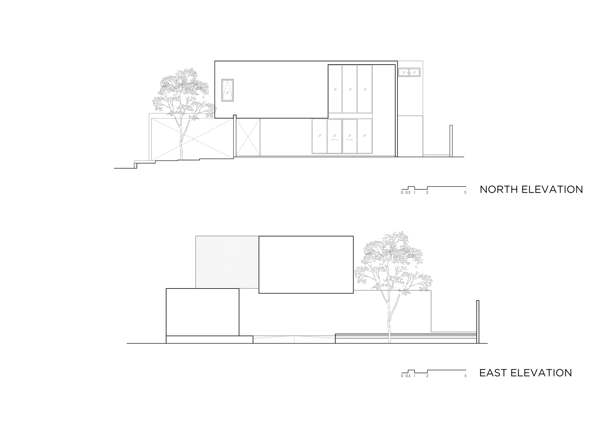 Elevation drawings showing the north and east facades with interlocking volumes and trees