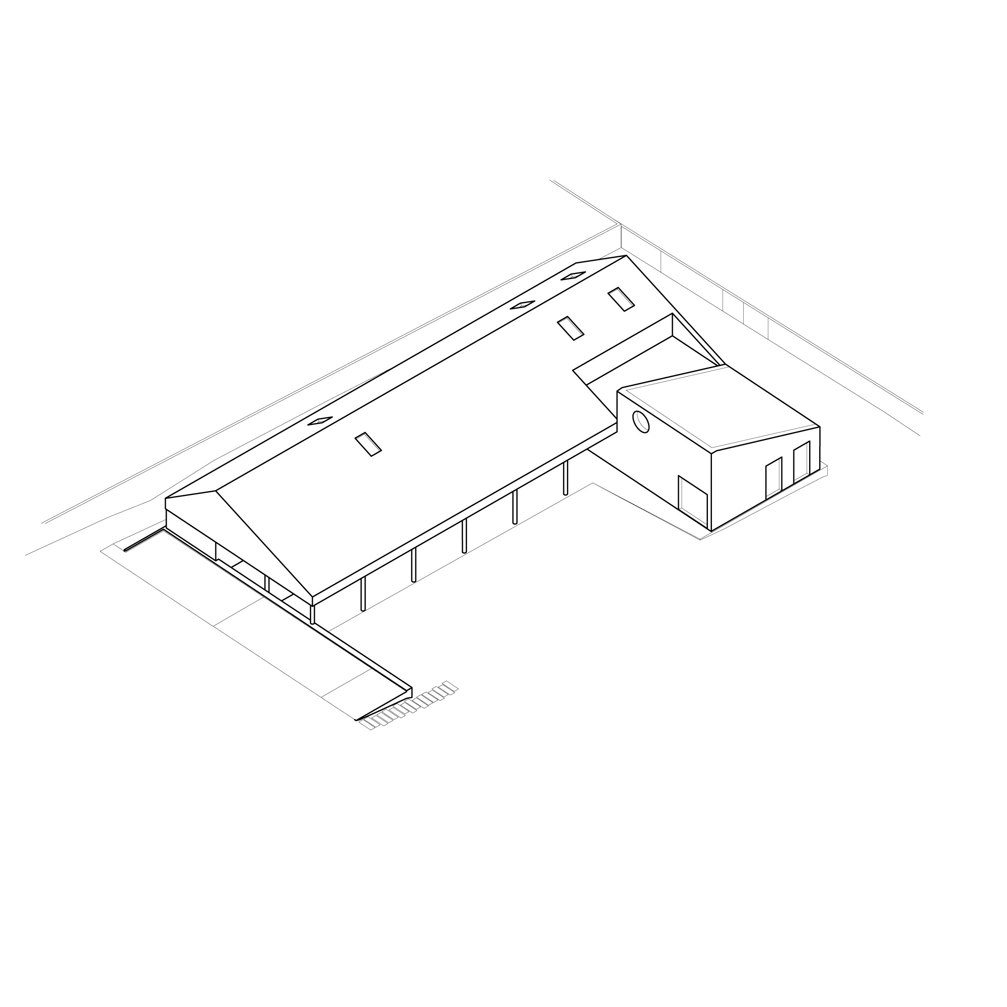 Axonometric drawing of the residence showing gabled volume with covered terrace and courtyard entry