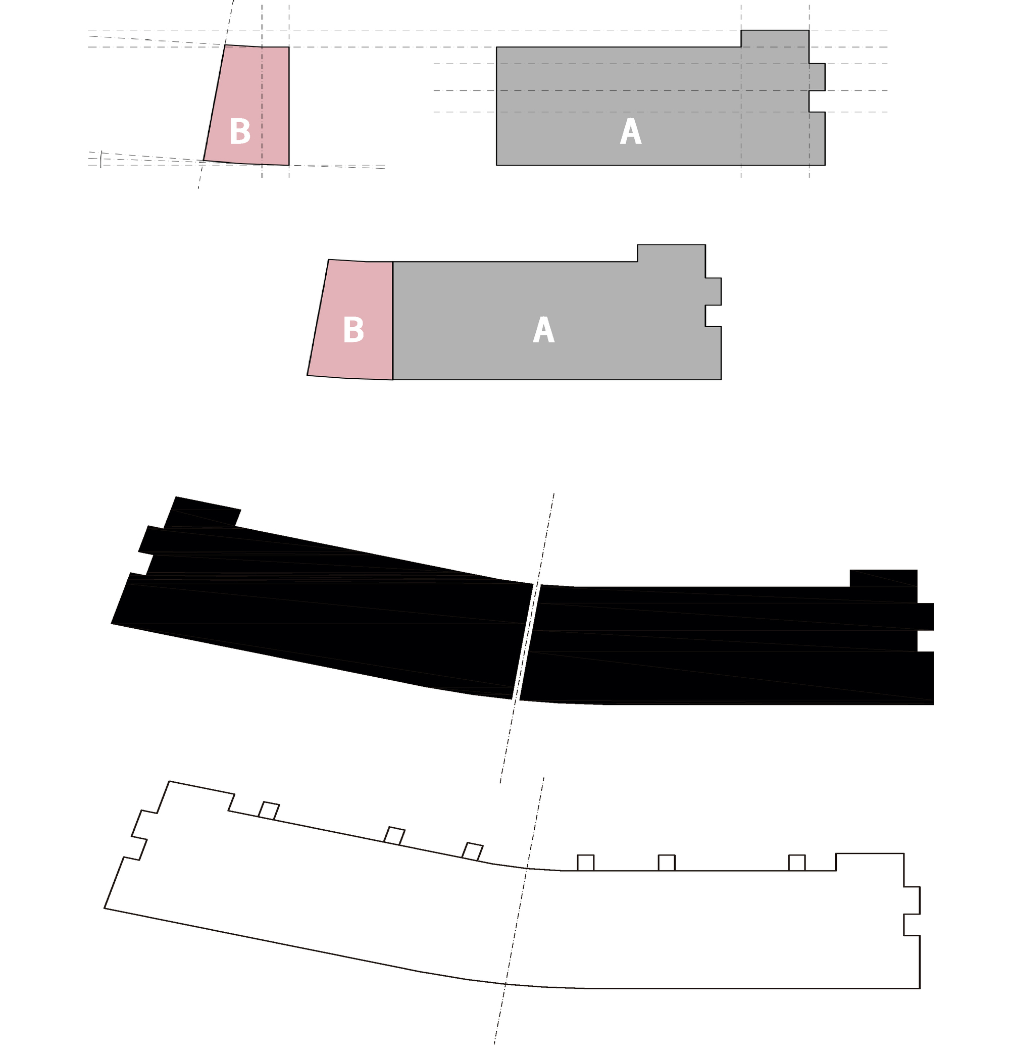 Site plan drawing showing two building volumes labeled A and B in angled orientation