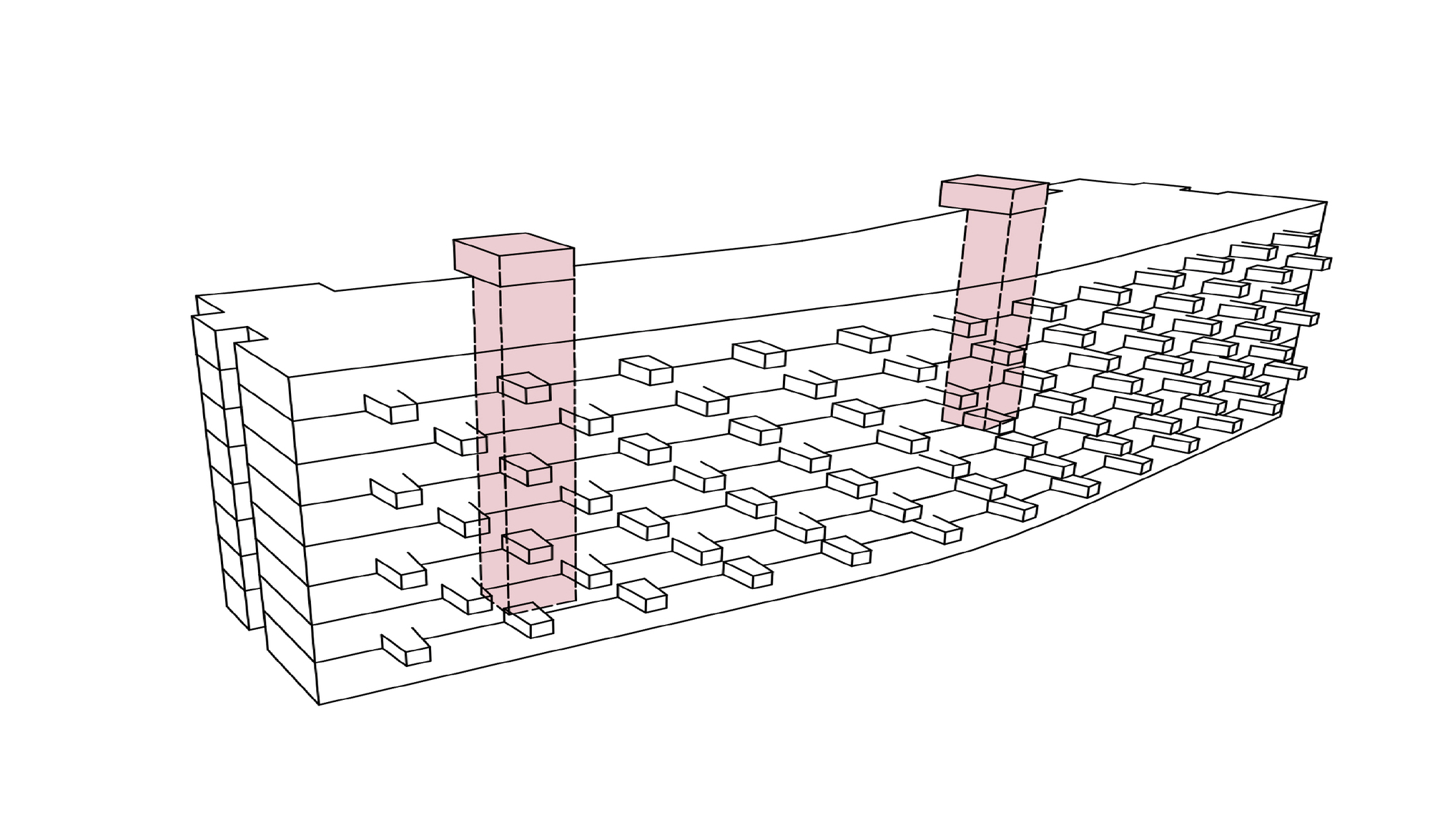 Axonometric drawing showing a linear building volume with repetitive balconies and highlighted vertical circulation cores in pink