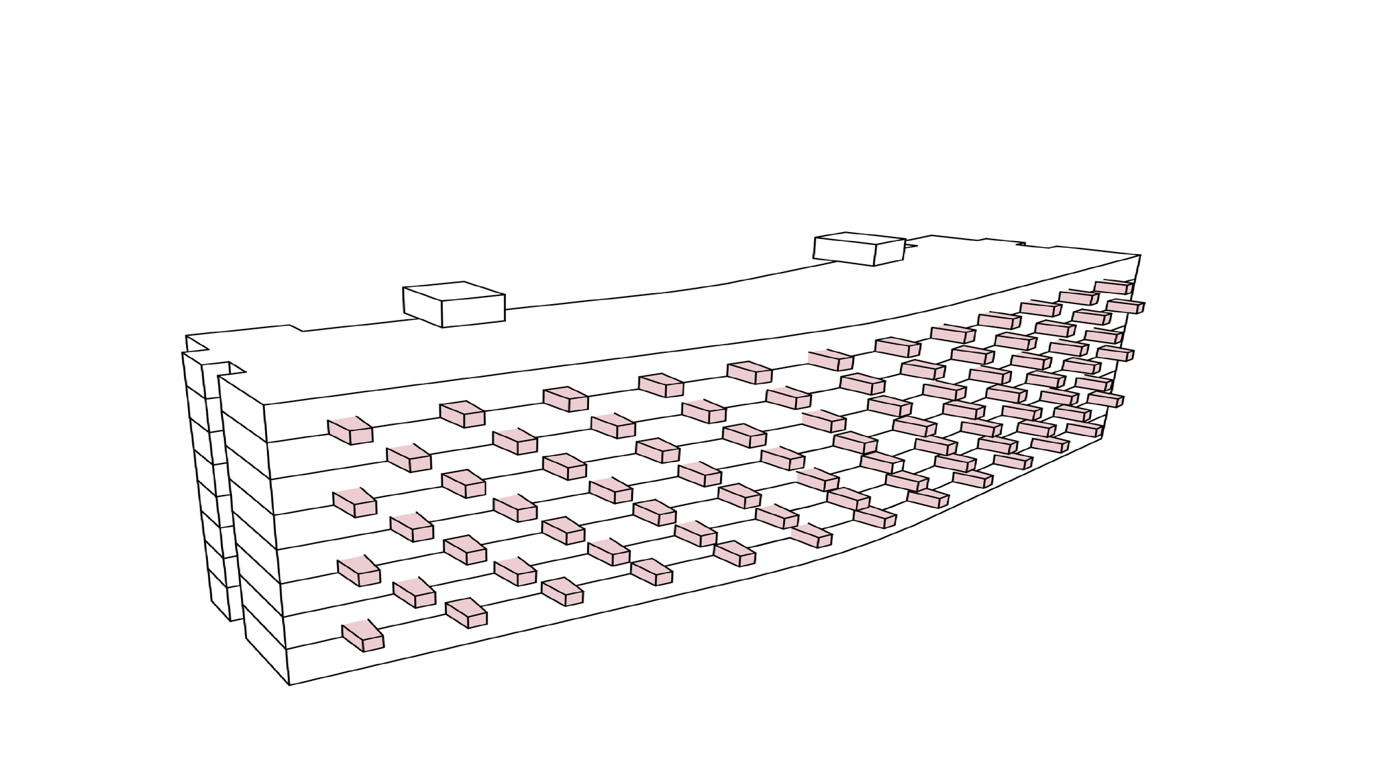 Axonometric drawing showing the same building volume with a different distribution of pink-highlighted balconies across the facade