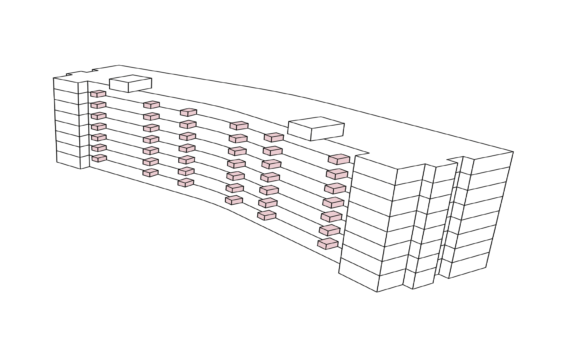 Axonometric drawing showing the building volume from the opposite angle with pink-highlighted balconies along one side